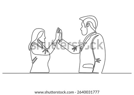 Continuous one line drawing of Two professional businessmen giving highfive. Single line drawing illustration of Partnership high five. Ipo profit victory concept vector art. Doodle line illustration.