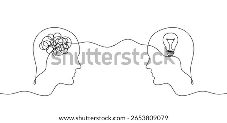 Continuous one line drawing of two heads one with tangled ball in mind and other with light bulb. Concept of solving mental problem and emergence of creative idea. Vector illustration.