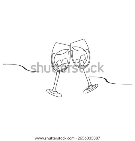 Continuous one line drawing of two glasses of red wine. Toast and cheers with splash in simple linear style. Alcohol and cocktail drink menu in editable stroke. Doodle vector illustration