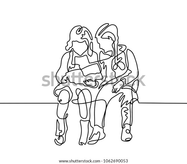 2人の女の子の連続した1行の絵が 現代のミニマリズム的なスタイルの本を読み モノラインベクターイラストで座っている のベクター画像素材 ロイヤリティ フリー