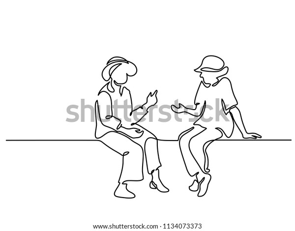 連続1行の図面 2人の座った老女が話している ベクターイラスト のベクター画像素材 ロイヤリティフリー