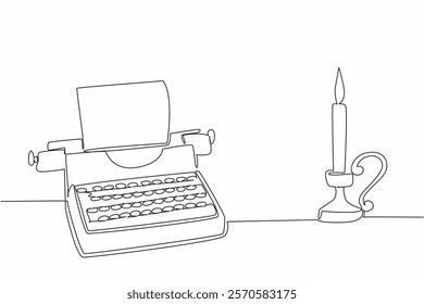 Continuous one line drawing a typewriter with paper, and a candle with a stand. A serene atmosphere for inspiration. Author. Self advisor. Wordsmith Day. Single line draw design vector illustration