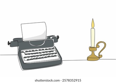 Continuous one line drawing a typewriter with paper, and a candle with a stand. A serene atmosphere for inspiration. Author. Self advisor. Wordsmith Day. Single line draw design vector illustration