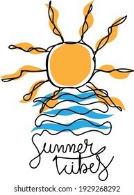 Dibujo continuo de una línea de la tipografía de Summer Vibes y playa. Arte minimalista.