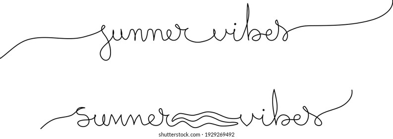 Continuous one line drawing of typography phrase Summer Vibes set. Minimalistic art.