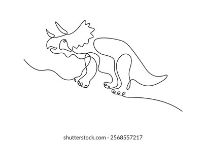 Continuous one line drawing tyrannosaur. Dinosaur t-rex vector, One continuous line drawing of tough triceratops for logo identity. Ornithischian dinosaurs prehistoric animal museum icon.