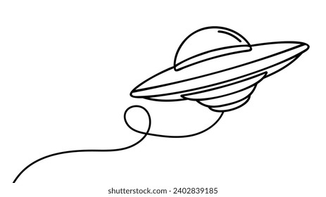 Continuous one line drawing UFO. Unidentified flying object. Outer space concept. Single line draw design vector graphic illustration.