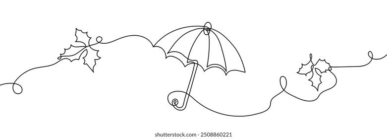 Continuous one line drawing of umbrella with autumn leaves. opened umbrella line art vector illustration. Editable stroke.