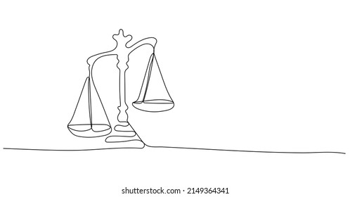 Continuous one line drawing of unbalanced scales of justice. Minimalist linear design isolated on white background. Trendy vector illustration