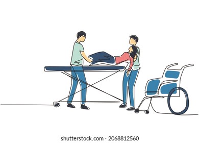 Continuous one line drawing unconscious woman patient in emergency room. Nurse, wearing white coat with wheelchair. Nurse boys, putting down young female on gurney. Single line draw design vector