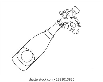 Continuous one line drawing of Uncorked Champagne Bottle. Vector illustration.