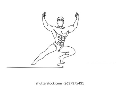Continuous one line drawing undressed bodybuilder shows muscles of arms at competition. Muscular man showing off the pectoral muscles, abs and legs. Single line draw design vector graphic illustration