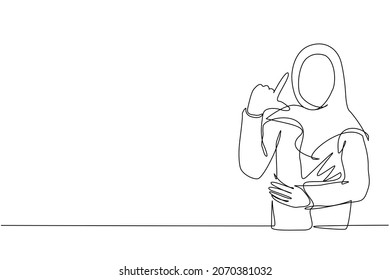 Continuo dibujo de una línea de la infeliz mujer árabe mostrando una señal perdedora en la frente con los dedos. Una persona de moda estresada haciendo gestos de mano sobre la cabeza. Mujer haciendo símbolo "L". Vector de diseño de tracción de línea única