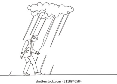 Continuous one line drawing unhappy depressed sad businessman in stress walking under rain cloud. Alone loser male depression. Loneliness in overcast weather. Single line design vector illustration