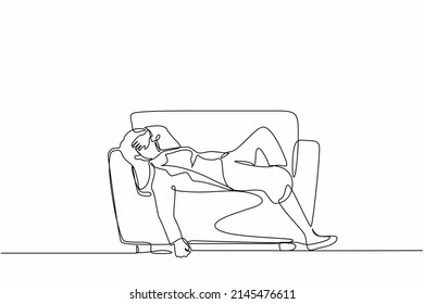 Continuous one line drawing unhappy businessman sad tired sleepy mood resting sofa  Frustrated worker holding her head lying couch  Stressed  anxiety  failure  Single line graphic design vector