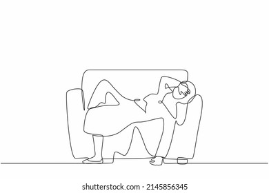 Continuous one line drawing unhappy Arab businesswoman sad tired sleepy mood resting on sofa. Frustrated worker holding her head lying on couch. Stressed, anxiety, failure. Single line design vector