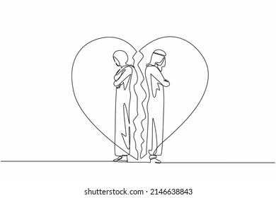 Continuous one line drawing unhappy Arab couple standing arms crossed. Family conflict. Break up relationship. Married couple man woman angry, sad against broken heart. Single line draw design vector