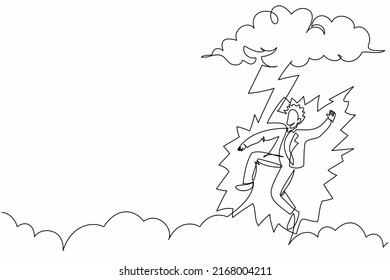 Continuous One Line Drawing Unhappy Businessman Struck By Lightning Or Thunder From Dark Cloud. Bad Luck, Misery, Unlucky, Disaster, Risk, Danger. Single Line Draw Design Vector Graphic Illustration