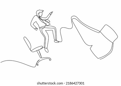 Continuous One Line Drawing Unhappy Small Businessman Kicked Out By Big Foot From Chair. Employee Kicked Out Of Work. Dismissal Of Staff. Unemployment. Single Line Design Vector Graphic Illustration