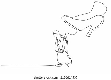 Continuous one line drawing unhappy Arab businesswoman going away with huge high heels kicking her out. Stress employee being fired and kicked out. Single line draw design vector graphic illustration