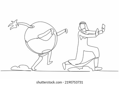 Continuous one line drawing unhappy Arabian businessman being chased by bomb. Manager run to avoid bubble economic or financial crisis. Minimalist metaphor. Single line draw design vector illustration