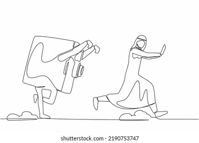 Continuous one line drawing unhappy Arabian businessman being chased by safe deposit box. Office worker difficult to get banking financial secure system. Single line design vector graphic illustration