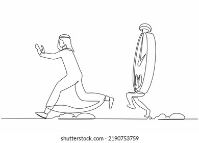 Continuous one line drawing unhappy Arab businessman being chased by stopwatch. Employee difficult to measurement effective time planning concept. Single line draw design vector graphic illustration