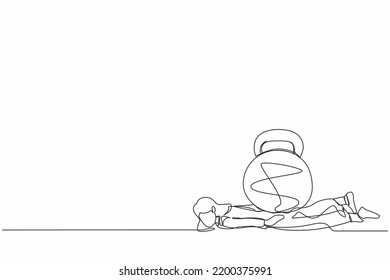 Continuous one line drawing unhappy businesswoman under heavy kettlebell burden. Tension, heaviness in business life. Overwork, stress, time management. Single line graphic design vector illustration
