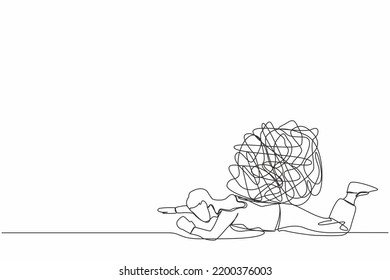 Continuous one line drawing unhappy businesswoman under heavy messy line burden. Problem in economic crisis, pressure from too much responsibility. Single line draw design vector graphic illustration