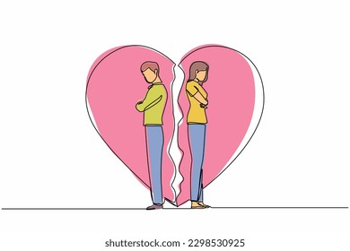 Continuous one line drawing unhappy young couple standing arms crossed. Family conflict. Break up relationship. Married couple man woman angry, sad against broken heart. Single line draw design vector