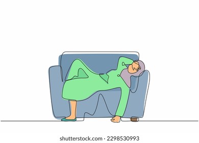 Continuous one line drawing unhappy Arab businesswoman sad tired sleepy mood resting sofa  Frustrated worker holding her head lying couch  Stressed  anxiety  failure  Single line design vector
