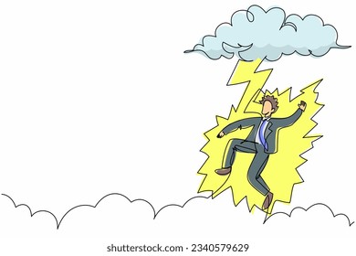 Continuous one line drawing unhappy businessman struck by lightning or thunder from dark cloud. Bad luck, misery, unlucky, disaster, risk, danger. Single line draw design vector graphic illustration