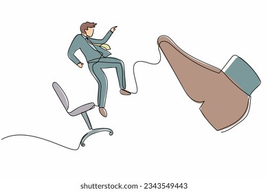 Continuous one line drawing unhappy small businessman kicked out by big foot from chair. Employee kicked out of work. Dismissal of staff. Unemployment. Single line design vector graphic illustration