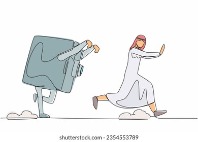 Continuo dibujo de una línea descontenta hombre de negocios árabe perseguido por caja fuerte. Trabajador de oficinas difícil de conseguir un sistema bancario de seguridad financiera. Ilustración gráfica vectorial de diseño de línea única