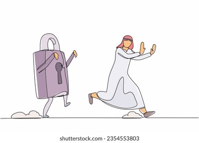Continuous one line drawing unhappy Arabian businessman being chased by padlock. Manager failed to get business protection security. Minimalist metaphor. Single line design vector graphic illustration