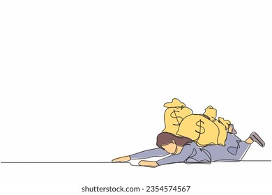 Una línea contínua atrae a una infeliz empresaria bajo una pesada carga de bolsa de dinero. Se enfatizó la dificultad del empresario para ganar dinero. Crisis financiera debido a la pandemia. Ilustración vectorial de diseño de una sola línea