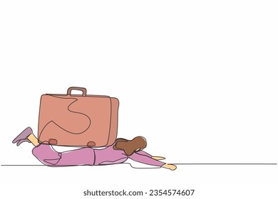 Continuous one line drawing unhappy businesswoman under heavy briefcase burden. Difficulty business task. Pressure workload. Anxiety from work and overload. Single line draw design vector illustration