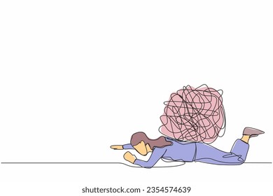 Continuous one line drawing unhappy businesswoman under heavy messy line burden. Problem in economic crisis, pressure from too much responsibility. Single line draw design vector graphic illustration