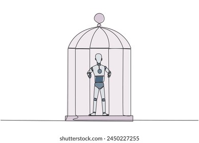 Una línea continua dibujando robot infeliz atrapado en la jaula de pie sostienen las barras de hierro. Cuerpo y mente encarcelados. Oportunidad limitada. Sensación de agotamiento. Ilustración vectorial de diseño de dibujo de una sola línea