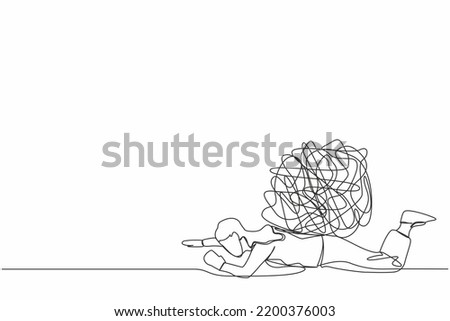 Continuous one line drawing unhappy businesswoman under heavy messy line burden. Problem in economic crisis, pressure from too much responsibility. Single line draw design vector graphic illustration