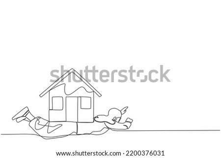 Continuous one line drawing unhappy businesswoman under heavy house burden. Financial mortgage, need pay taxes expenses. Bank loan. Lease, finance concept. Single line draw design vector illustration