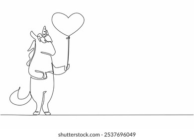 Continuous one line drawing unicorn is standing and holding a heart shaped balloon. A symbol of courage and love. Gentleness of heart. National Unicorn Day. Single line draw design vector illustration