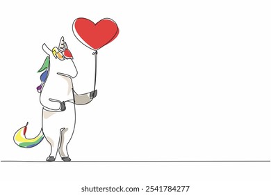 Um unicórnio de desenho contínuo está em pé e segurando um balão em forma de coração. Um símbolo de coragem e amor. Suavidade do coração. Dia Nacional do Unicórnio. Ilustração de vetor de design de desenho de linha única