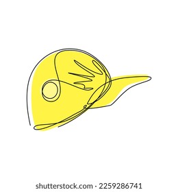 Continuous one line drawing uniform cap or hat icon. Mockup and blank template of baseball uniform cap with side view. Modern fashion accessory. Single line draw design vector graphic illustration