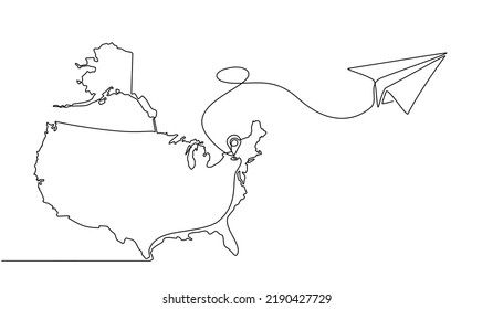 Continuous One Line Drawing Of United States Domestic Aircraft Flight Routes. US Map Icon And Airplane Path Of Airplane Flight Route With Starting Point Location And Single Line Trail In Doodle Style