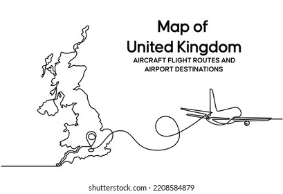 Continuous one line drawing of United kingdom domestic aircraft flight routes. United kingdom map icon and airplane path of airplane flight route with starting point location and single line trail.