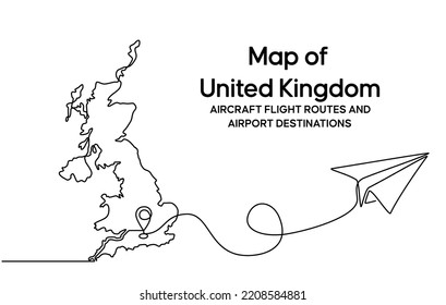 Continuous one line drawing of United kingdom domestic aircraft flight routes. United kingdom map icon and airplane path of airplane flight route with starting point location and single line trail.