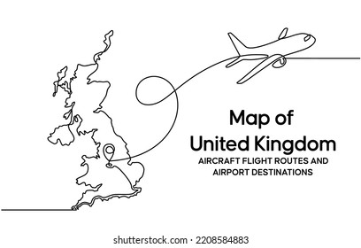 Continuous one line drawing of United kingdom domestic aircraft flight routes. United kingdom map icon and airplane path of airplane flight route with starting point location and single line trail.
