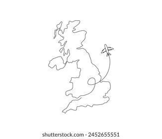 Dibujo continuo de una línea del mapa del Reino Unido con el avión. Mapa del Reino Unido combinado con Ilustración vectorial de contorno simple de avión. Trazo editable.