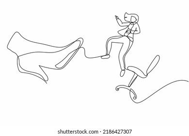 Continuous one line drawing unlucky small businesswoman kicked out by big foot from chair. Staff reduction, fired manager. Minimalist metaphor concept. Single line design vector graphic illustration